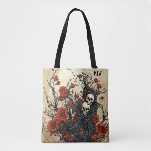 Tote Bag Crânes gothiques, vignes noires et roses rouges Mo (Devant)