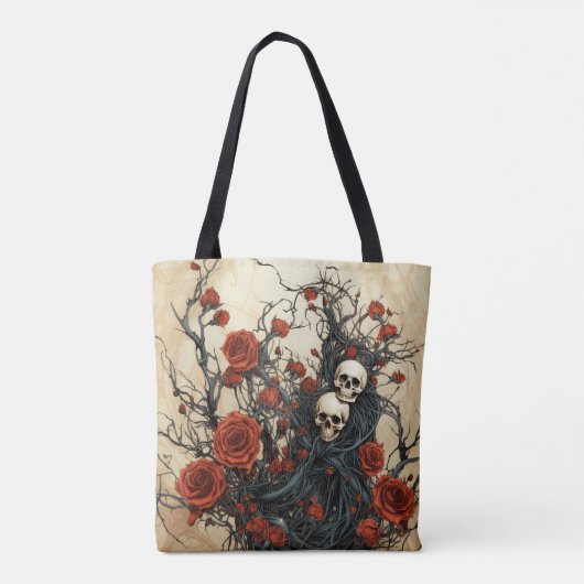 Tote Bag Crânes gothiques, vignes noires et roses rouges Mo (Dos)