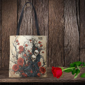 Tote Bag Crânes gothiques, vignes noires et roses rouges Mo