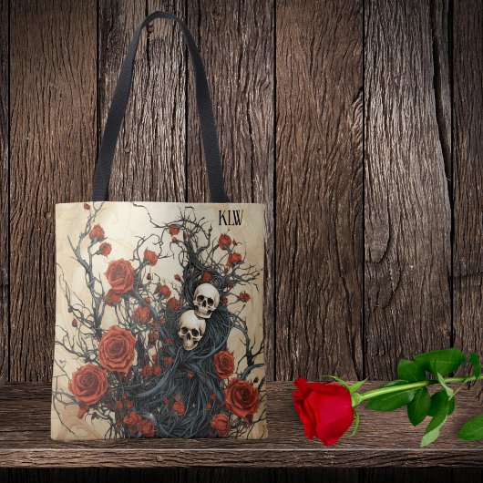 Tote Bag Crânes gothiques, vignes noires et roses rouges Mo