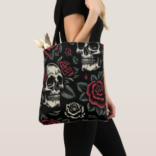 Tote Bag Crânes & Roses Rouges Floral Gothique