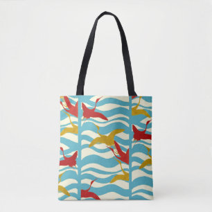 TOTE BAG CRANES ROUGES JAUNES VOLANT SUR DES VAGUES BLANCHE