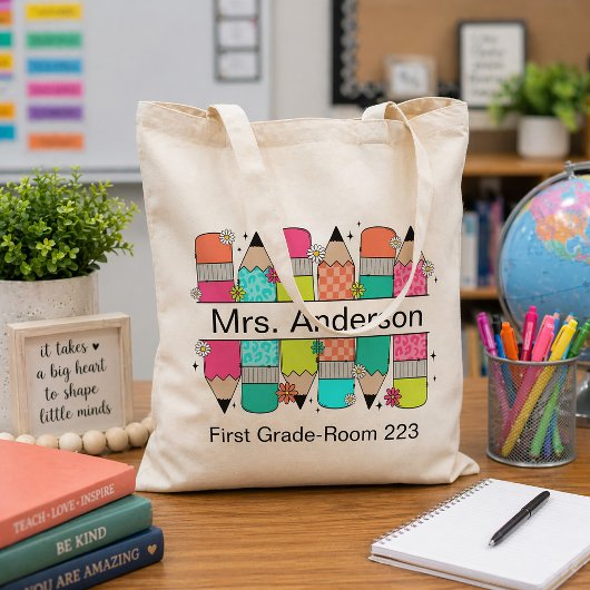 Tote Bag Crayon de couleur Professeur Nom Classe