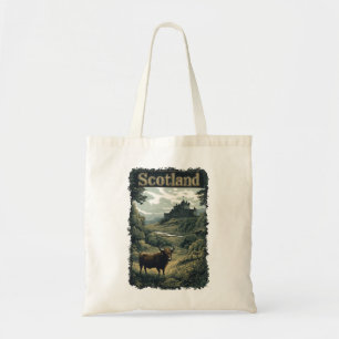 Tote Bag Création Écossaise : Vache des Highlands, Château
