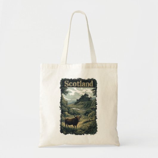 Tote Bag Création Écossaise : Vache des Highlands, Château (Devant)