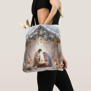 Tote Bag Crèche rustique avec fleurs d'hiver