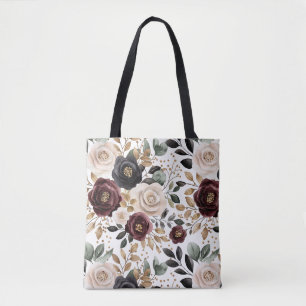 Tote Bag Crème Bourgogne Floral noir