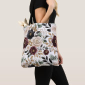 Tote Bag Crème Bourgogne Floral noir (De près)
