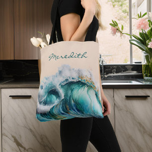 Tote Bag Cresting géant Bleu Vert Océan Vague avec Monogram