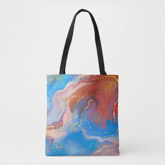 Tote Bag Crimson, Blush, Blue and Gold Marbled Alcohol Ink (Devant)