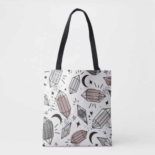 Tote Bag Cristaux, Lune, Étoiles, Design Chevauché. (Devant)