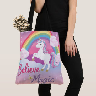 Tote Bag Croire à la magie avec licorne et arc-en-ciel