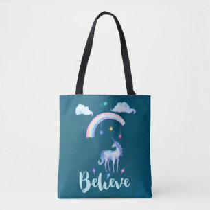 Tote Bag Croire avec une licorne sous un arc-en-ciel