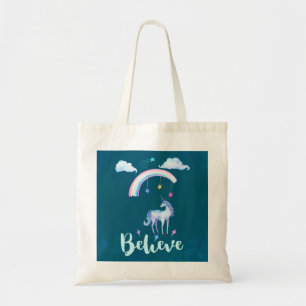 Tote Bag Croire avec une licorne sous un arc-en-ciel