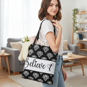 Tote Bag Croire moderne Script noir blanc Damask Christian