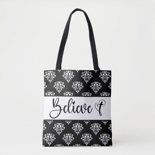Tote Bag Croire moderne Script noir blanc Damask Christian (Devant)