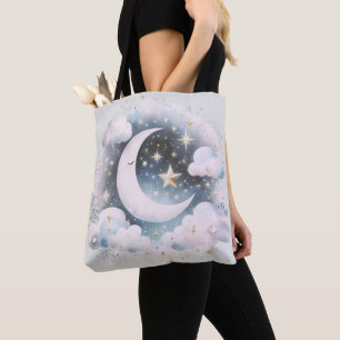 Tote Bag Croissant de Lune Céleste Bleu et Blanc Bohème Mod