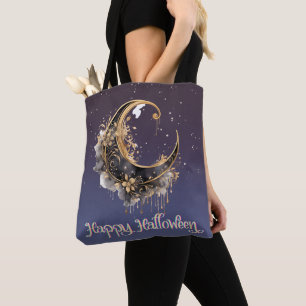 Tote Bag Croissant de lune étoilé noir et or Halloween