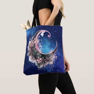 Tote Bag Croissant de lune noir et rose étoilé Halloween