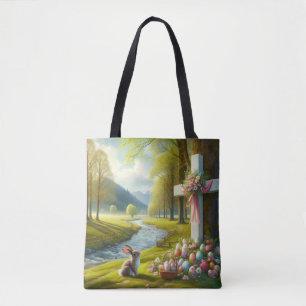 Tote Bag Croix de Pâques avec lapin et oeufs