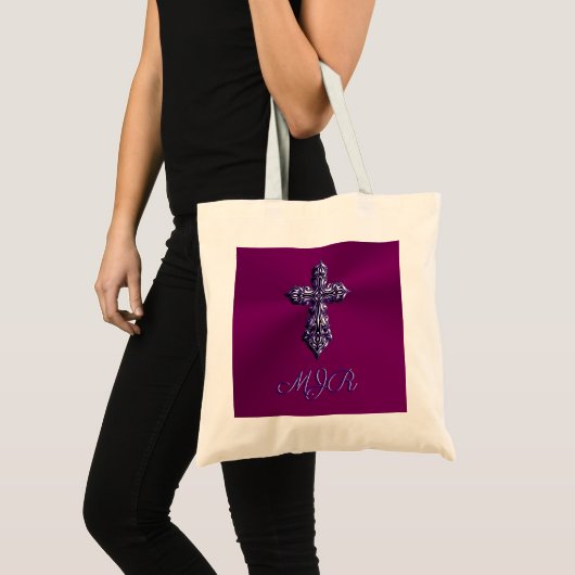 Tote Bag Croix gothique à l'apparence bossée en violet avec (Devant (produit))
