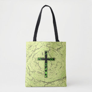 TOTE BAG CROIX NOIRE ET VERTE AVEC ARRIÈRE - PLAN EN MARBRE