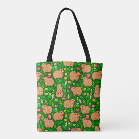 Tote Bag Croquis Capybara avec fleurs de printemps sur vert (Dos)