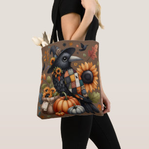 Tote Bag Crow Whimsical avec Citrouilles et tournesols