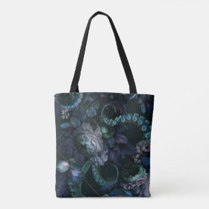 Tote Bag Cthulhu gothique turquoise tentacule avec fleurs