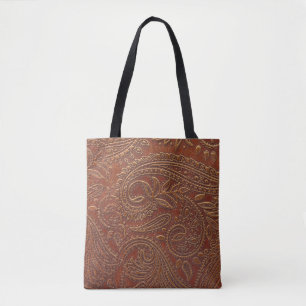 Tote Bag Cuir Brown, motifs floraux à outils.