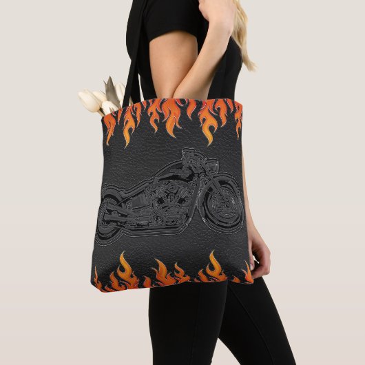 Tote Bag Cuir noir flammes orange feu chaud moto (De près)
