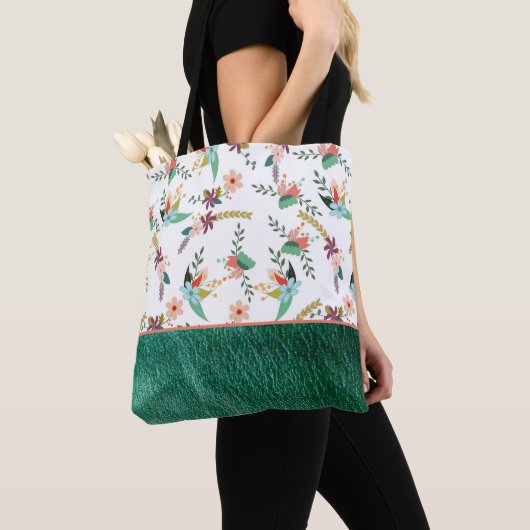 Tote Bag Cuir Vert Et Fleurs (De près)