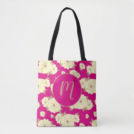 Tote Bag Cuivre Pastel Floral Jaune sur Fuchsia rose (Devant)