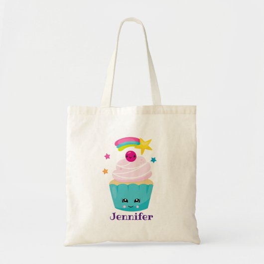 Tote Bag Cupcake bleu mignon avec visage Kawaii (Devant)