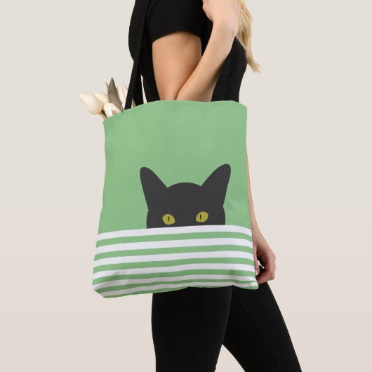 Tote Bag Curieux Peeking noir Chat Vert bande (De près)