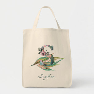 Tote Bag Custom Floral S Letter Watercolor Foliage Monogram