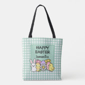 Tote Bag Custom Happy Easter Bunny Chick Green Gingham (Dos)