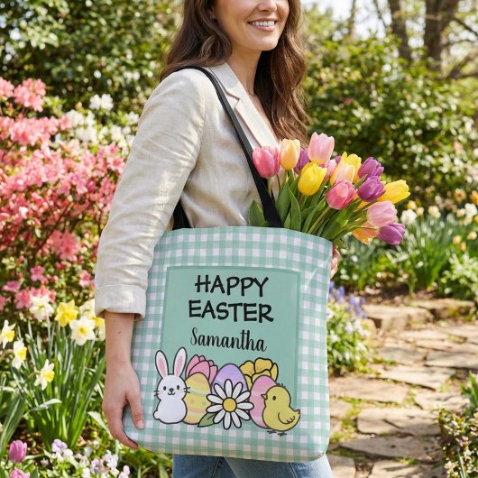 Tote Bag Custom Happy Easter Bunny Chick Green Gingham