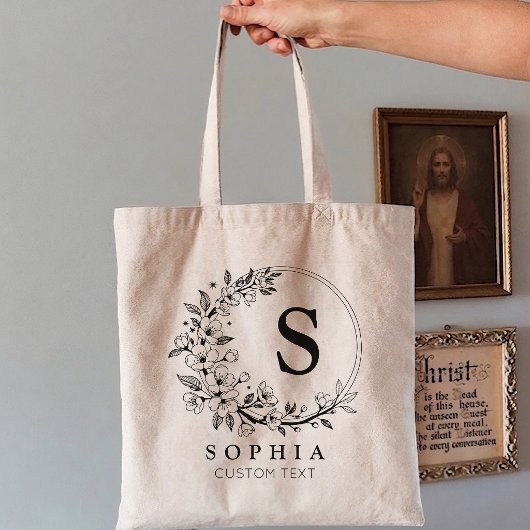 Tote Bag Custom Minimalist Floral Monogram Bride Bridesmaid