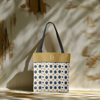Tote Bag Custom Monogram with Navy & Mustard Polka Dot