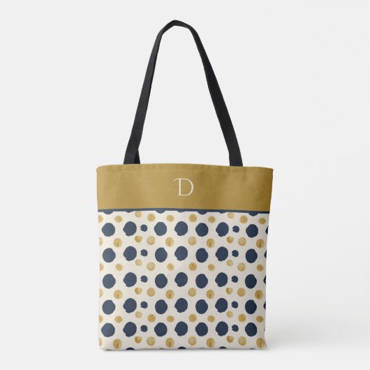 Tote Bag Custom Monogram with Navy & Mustard Polka Dot (Dos)