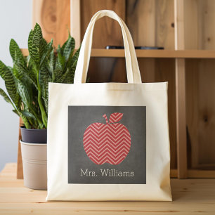 Tote Bag Custom Teacher Apple with Trendy Chevron Pattern