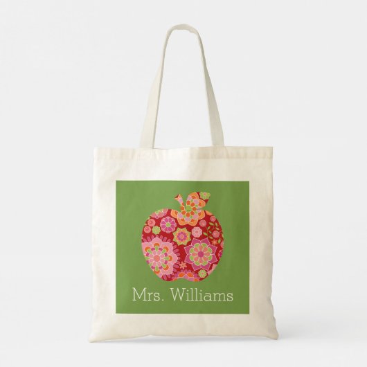 Tote Bag Custom Teacher Apple with Trendy Floral Pattern (Dos)