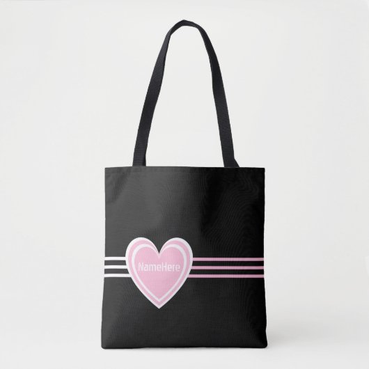 Tote Bag Customisé Élégant rose blanc Coeur rayures Noir (Devant)