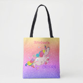 Tote Bag CustomText/ Rainbow Kawaii Unicorn Parties scintil (Devant)