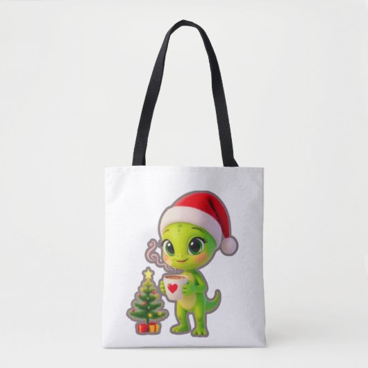 Tote Bag **Cute 3D Green Alien in Santa Hat with Hot Chocol (Devant)