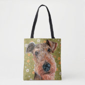 Tote Bag Cute Airedale Terrier et Motif de fleurs vertes (Devant)