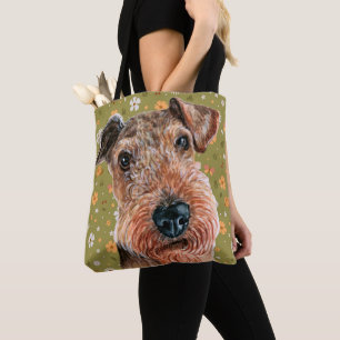 Tote Bag Cute Airedale Terrier et Motif de fleurs vertes