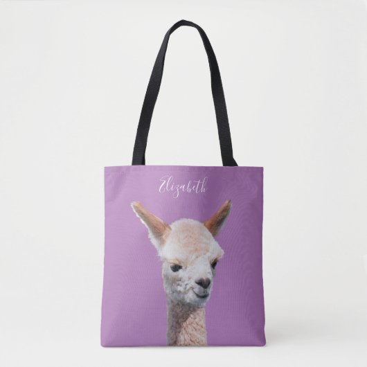 Tote Bag Cute Alpaca, Personnaliser Nom, Lavande (Devant)