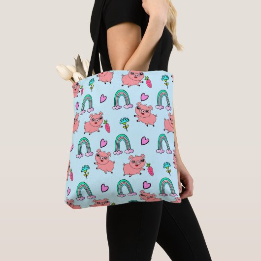 Tote Bag Cute and Quirky Pigs and Rainbows Pattern (De près)